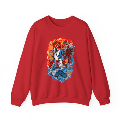 Kitsune Dragon Clash Crewneck Sweatshirt — Fiery Red & Blue Japanese Mask Design