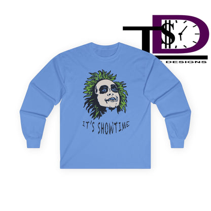 Unisex Long Sleeve Tee - It's Showtime Graphic, Halloween Shirt, Casual Wear, Gift for Movie Lovers, Spooky Season Apparel