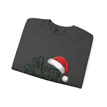 Christmas Crewneck Sweatshirt - "Merry Christmas" Santa Hat & Bells Holiday Sweater