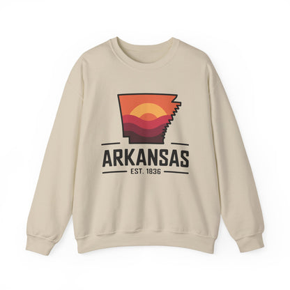 Arkansas Sunset Crewneck Sweatshirt — State Map Graphic, Est. 1836