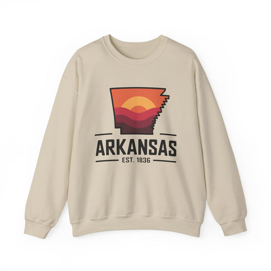 Arkansas Sunset Crewneck Sweatshirt — State Map Graphic, Est. 1836