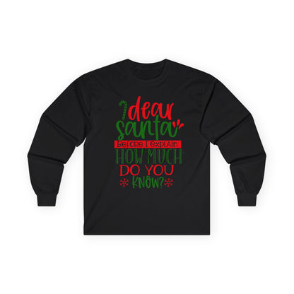 Unisex Holiday Long Sleeve Tee - 'Dear Santa, How Much Do You Know?' Christmas Shirt, Xmas Gift, Cozy Winter Wear, Fun Holiday Apparel