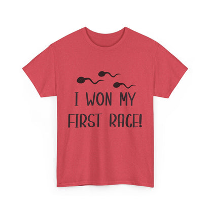 I Won My First Race! Unisex Heavy Cotton Tee - Fun Sperm Motif for New Dads and Celebrations
