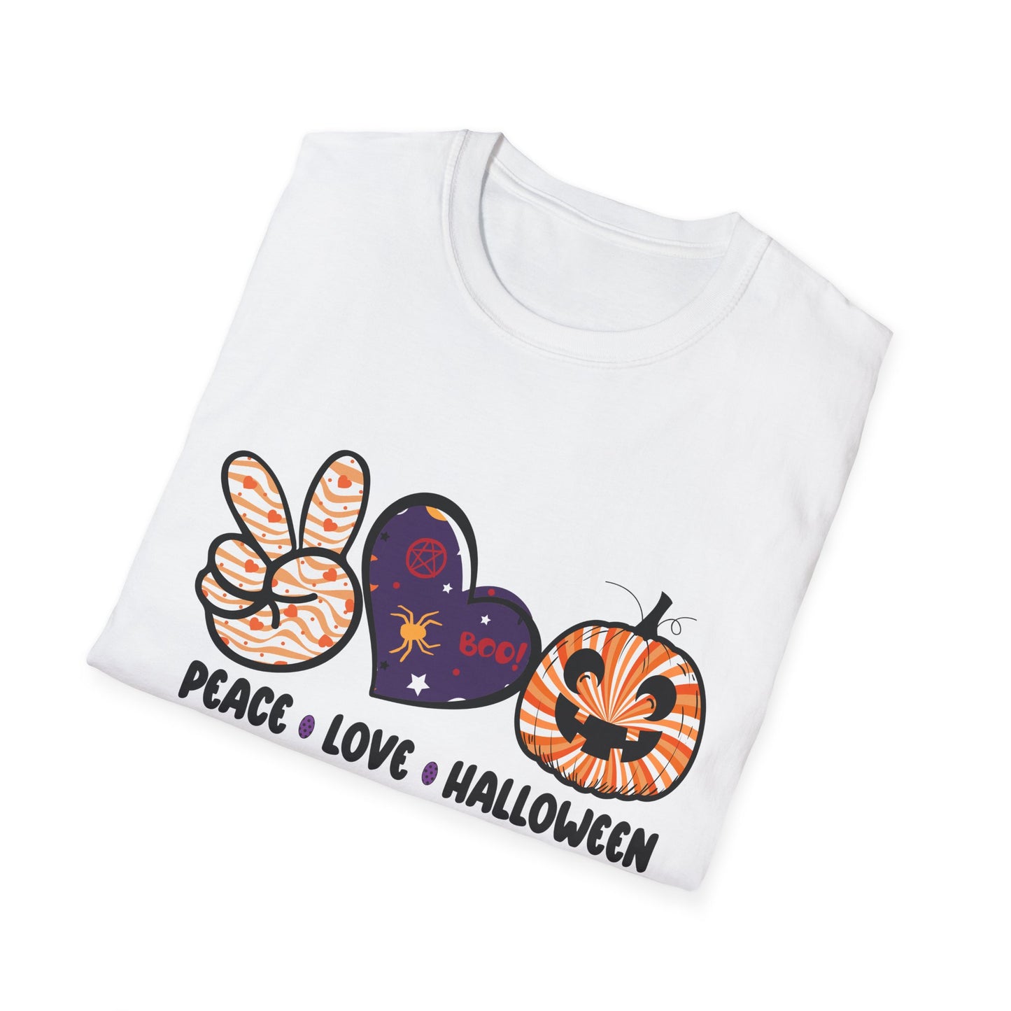 Halloween Peace Love T-Shirt, Unisex Graphic Tee for Fall Celebrations, Cozy Autumn Style, Perfect for Halloween Parties, Gifts
