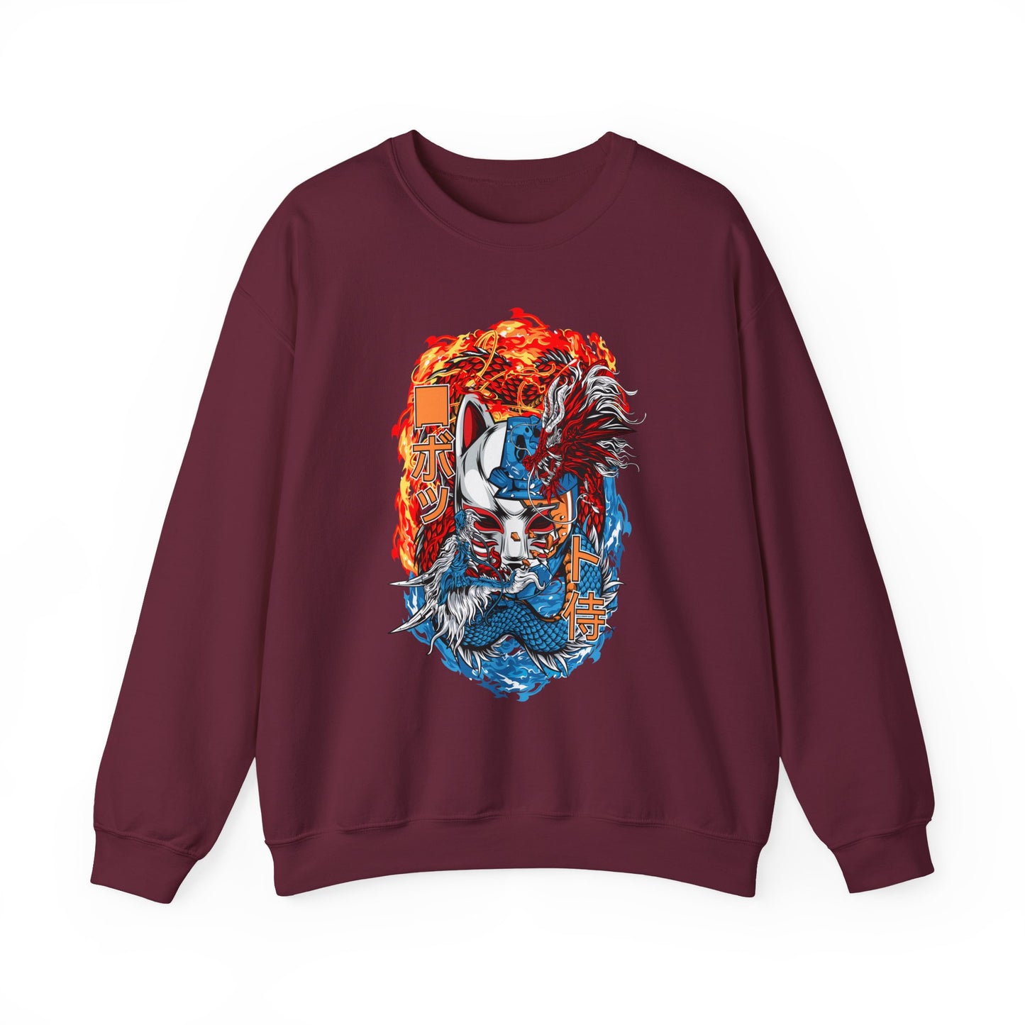 Kitsune Dragon Clash Crewneck Sweatshirt — Fiery Red & Blue Japanese Mask Design
