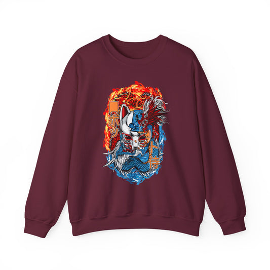 Kitsune Dragon Clash Crewneck Sweatshirt — Fiery Red & Blue Japanese Mask Design