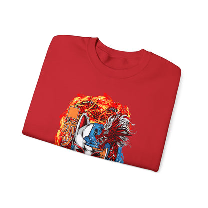 Kitsune Dragon Clash Crewneck Sweatshirt — Fiery Red & Blue Japanese Mask Design
