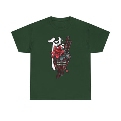 Unisex Heavy Cotton Tee - Floral Samurai Mask Design