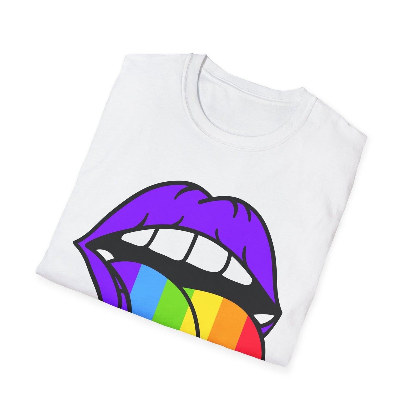 Pride Graphic Tee, Rainbow Mouth Design T-Shirt, Unisex Softstyle Shirt, LGBTQ+ Apparel, Fun Casual Wear, Birthday Gift