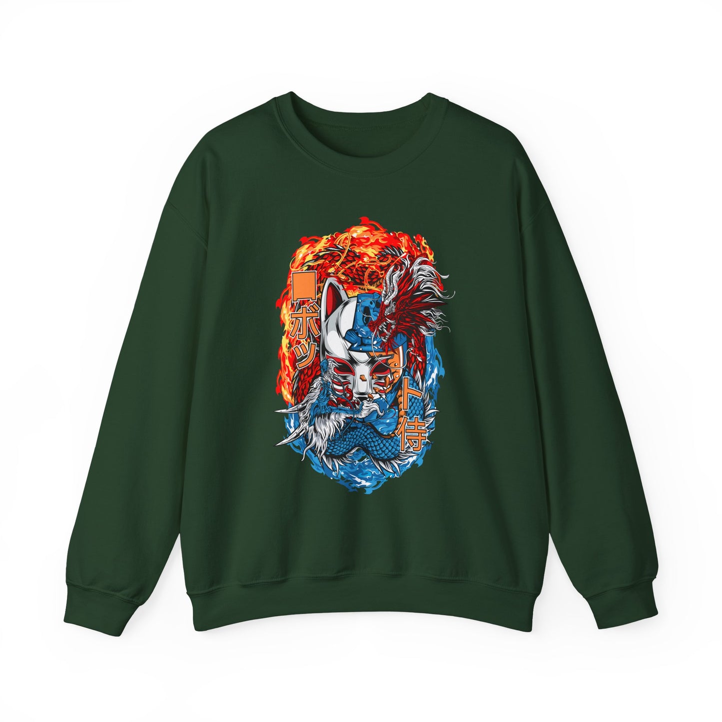 Kitsune Dragon Clash Crewneck Sweatshirt — Fiery Red & Blue Japanese Mask Design