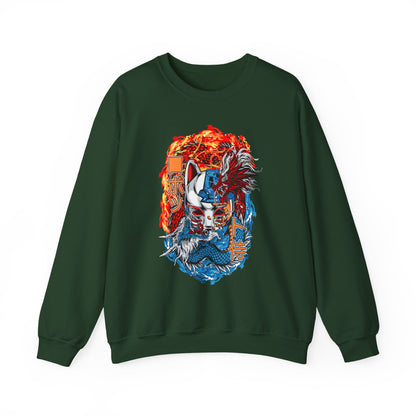Kitsune Dragon Clash Crewneck Sweatshirt — Fiery Red & Blue Japanese Mask Design