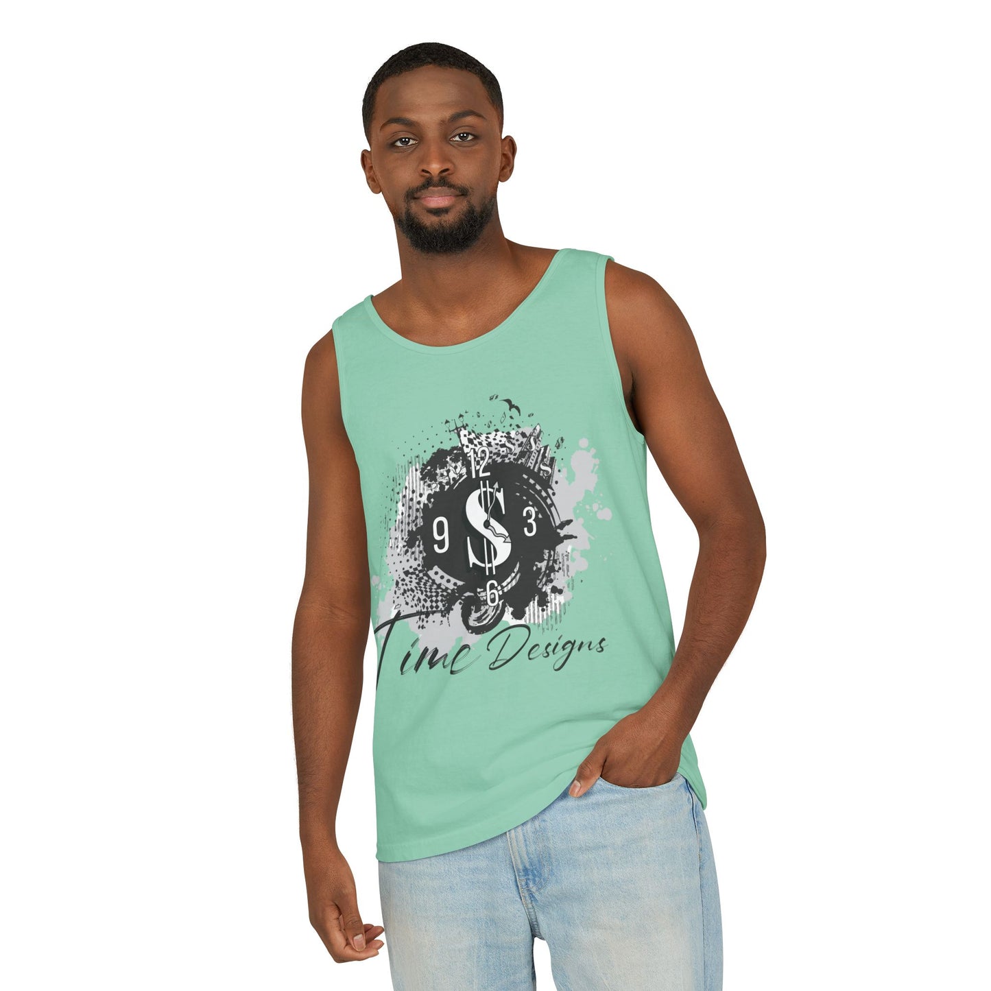 Unisex Garment-Dyed Tank Top with Time Designs - Casual Summer Wear, Beach Outfit, Gift for Friends, Vacation Essentials, Relaxed Style