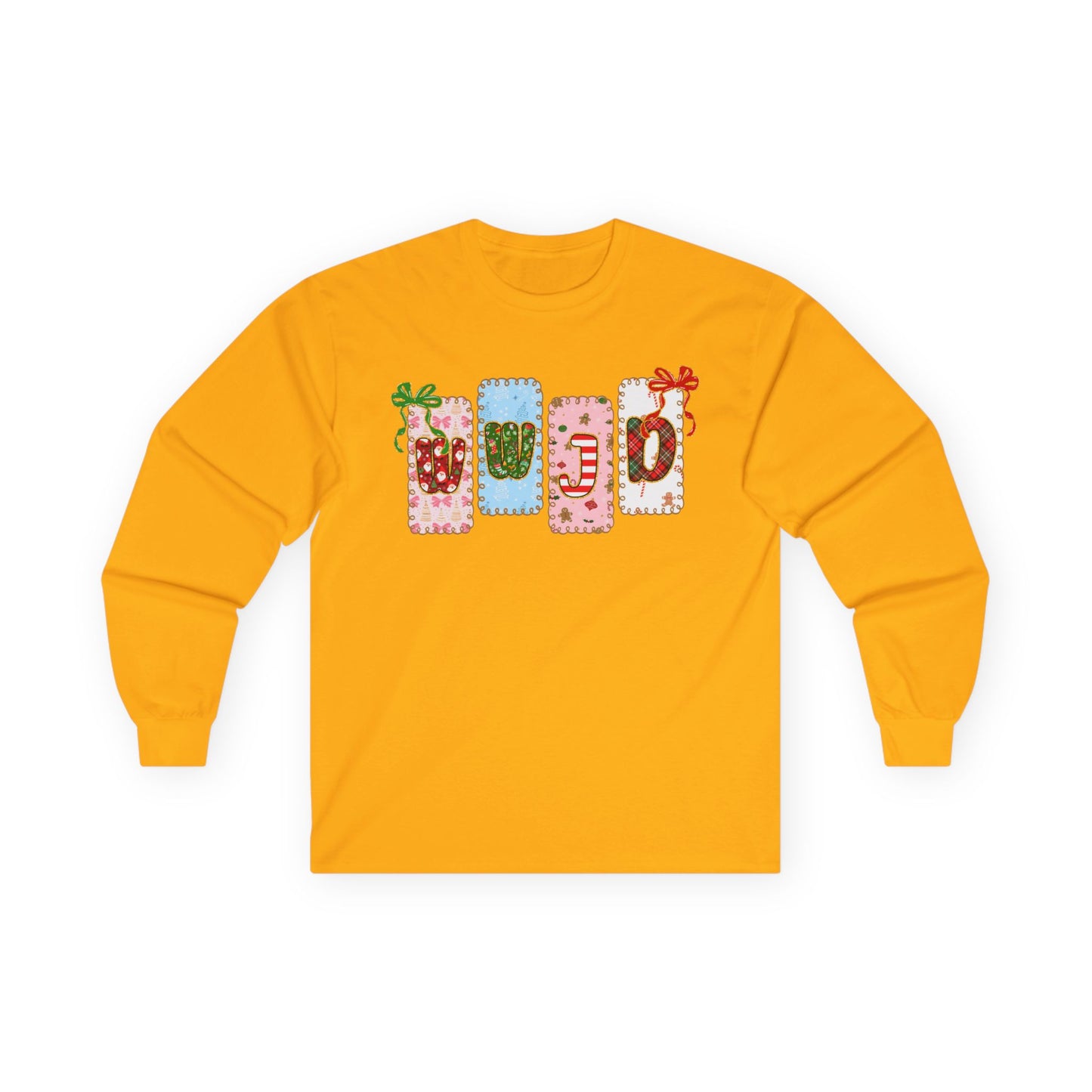 Long Sleeve Tee — Festive Gift Tag Graphic (Holidays, Christmas)
