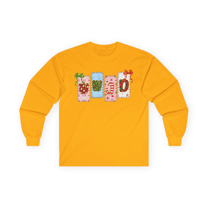 Long Sleeve Tee — Festive Gift Tag Graphic (Holidays, Christmas)