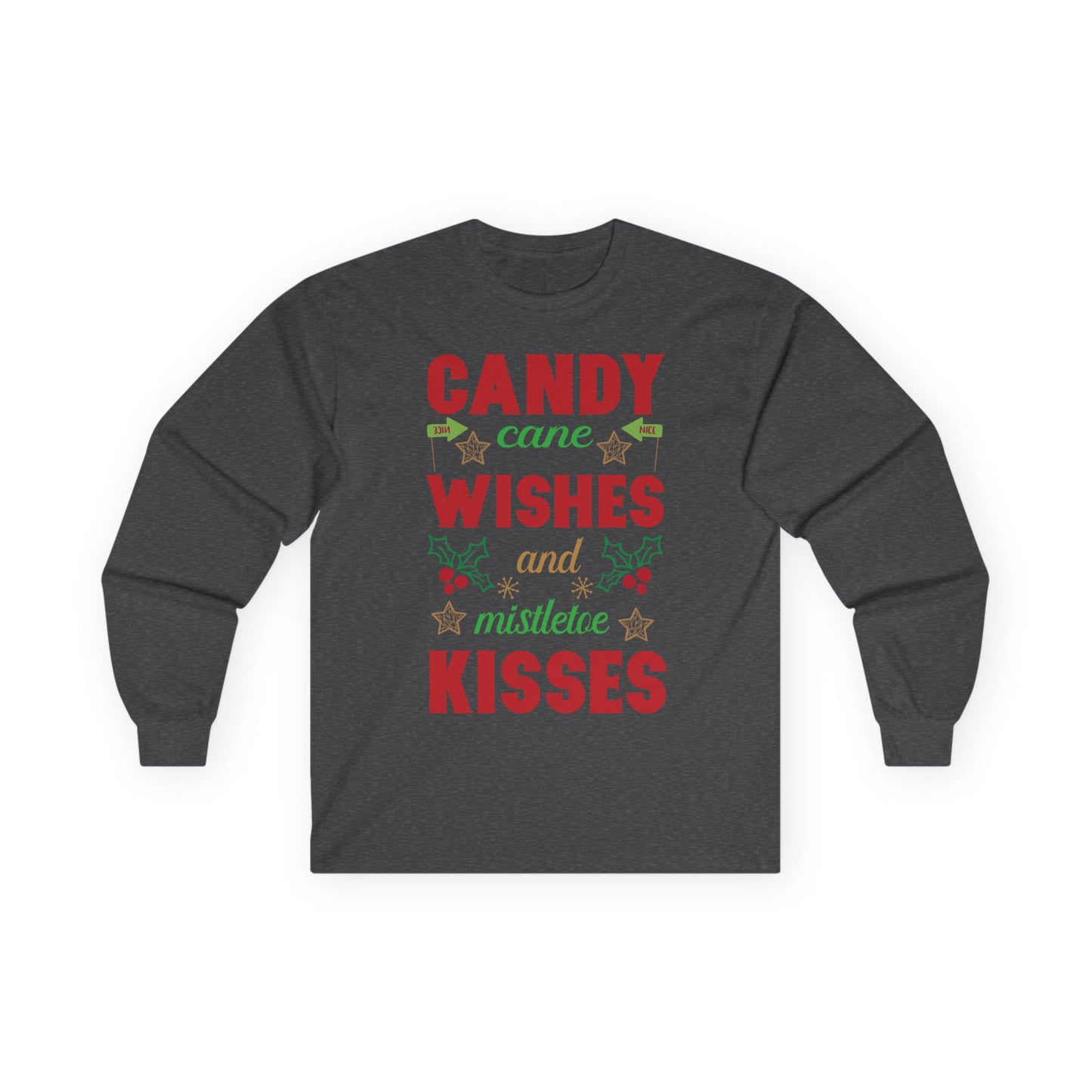 Candy Cane Wishes Long Sleeve Tee, Christmas Shirt, Holiday Gift, Mistletoe Apparel, Winter Fashion, Family Gathering Outfit