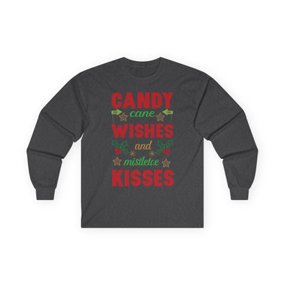 Candy Cane Wishes Long Sleeve Tee, Christmas Shirt, Holiday Gift, Mistletoe Apparel, Winter Fashion, Family Gathering Outfit