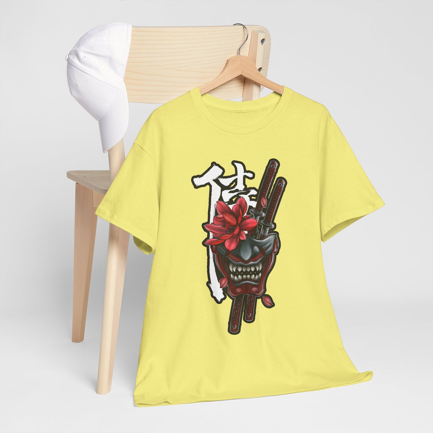 Unisex Heavy Cotton Tee - Floral Samurai Mask Design