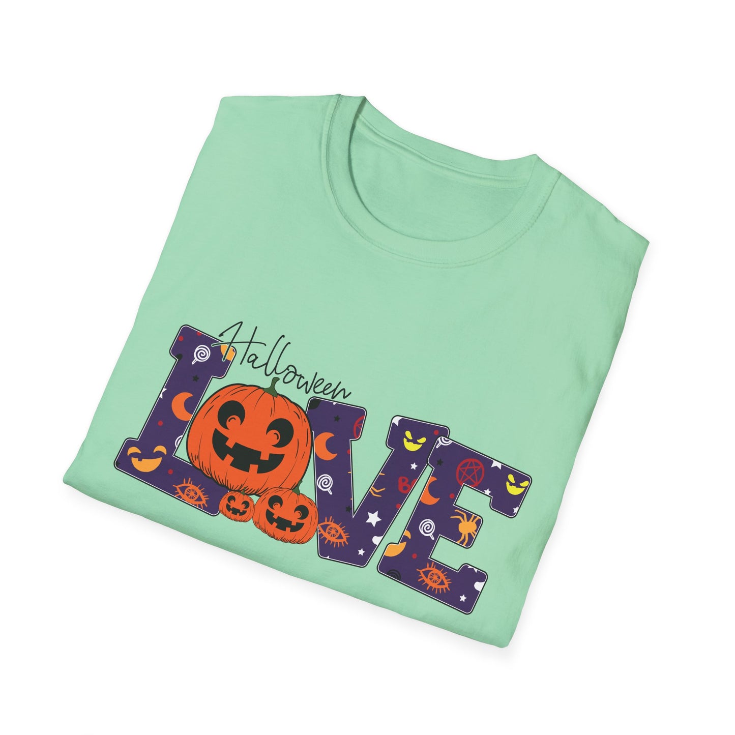 Halloween Love Graphic Tee, Unisex Softstyle T-Shirt for Fall, Halloween Party Shirt, Spooky Season Apparel, Gift for Pumpkin Lover