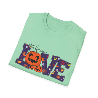 Halloween Love Graphic Tee, Unisex Softstyle T-Shirt for Fall, Halloween Party Shirt, Spooky Season Apparel, Gift for Pumpkin Lover