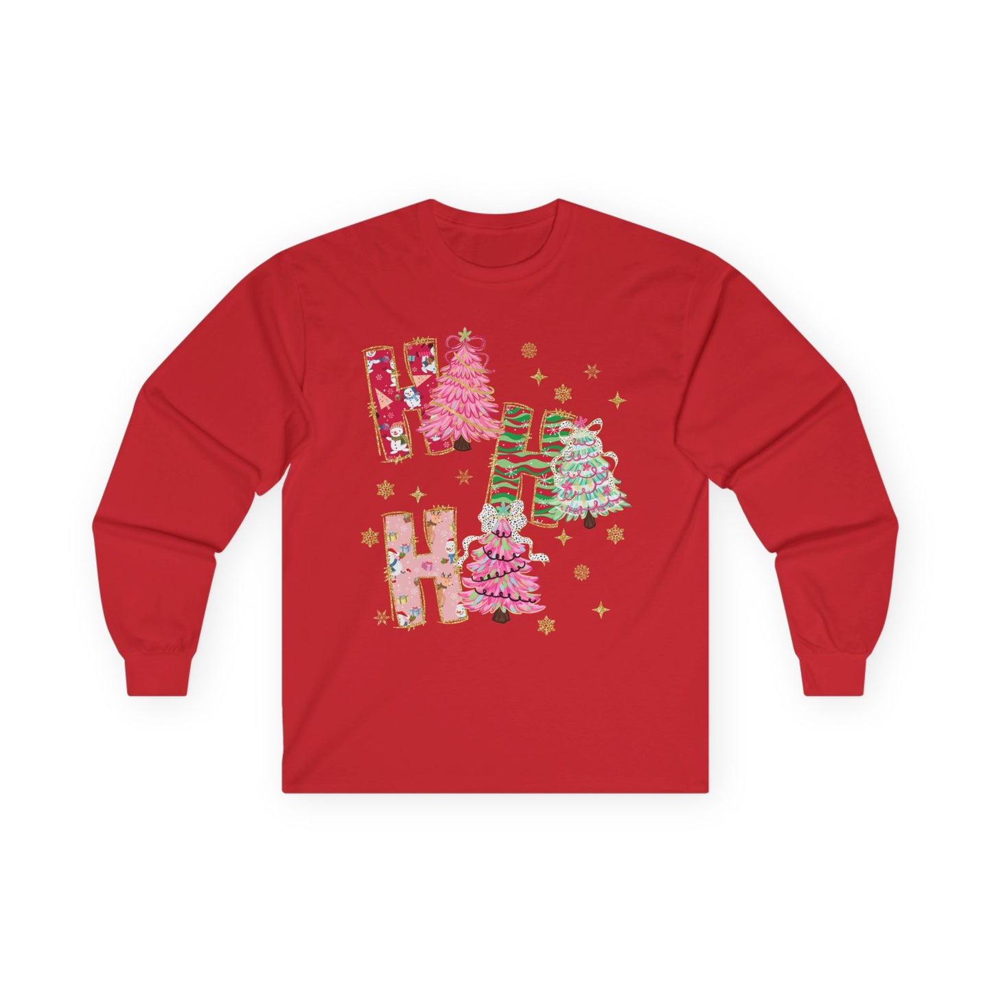Christmas 'Ho Ho Ho' Long Sleeve Tee — Festive Pink & Green Holiday Shirt