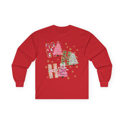 Christmas 'Ho Ho Ho' Long Sleeve Tee — Festive Pink & Green Holiday Shirt