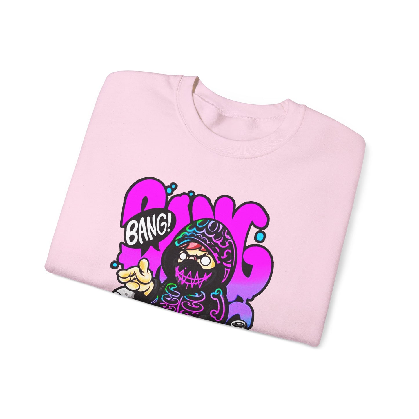 Streetwear Crewneck Sweatshirt — Cartoon Hoodie Character "BANG" Graphic