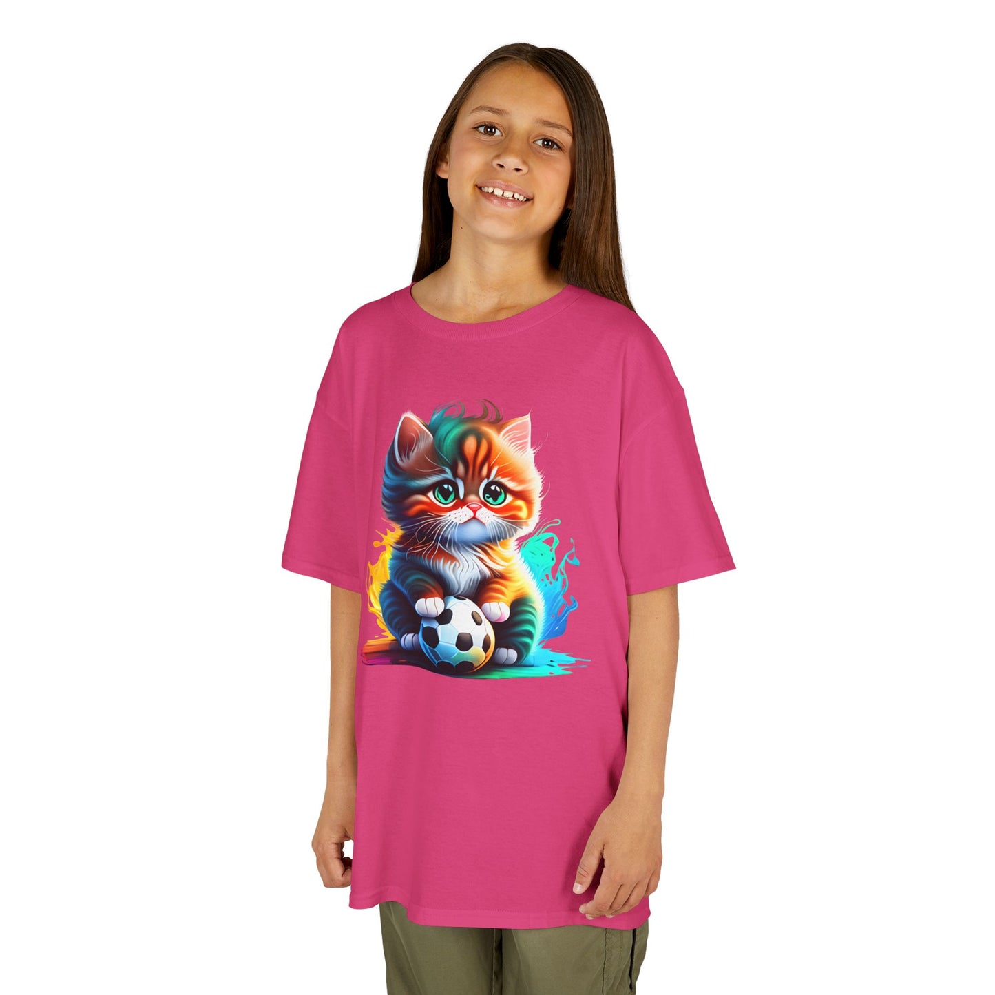 Playful Cat Soccer Kids Heavy Cotton™ Tee - Fun and Colorful T-Shirt for Young Animal Lovers