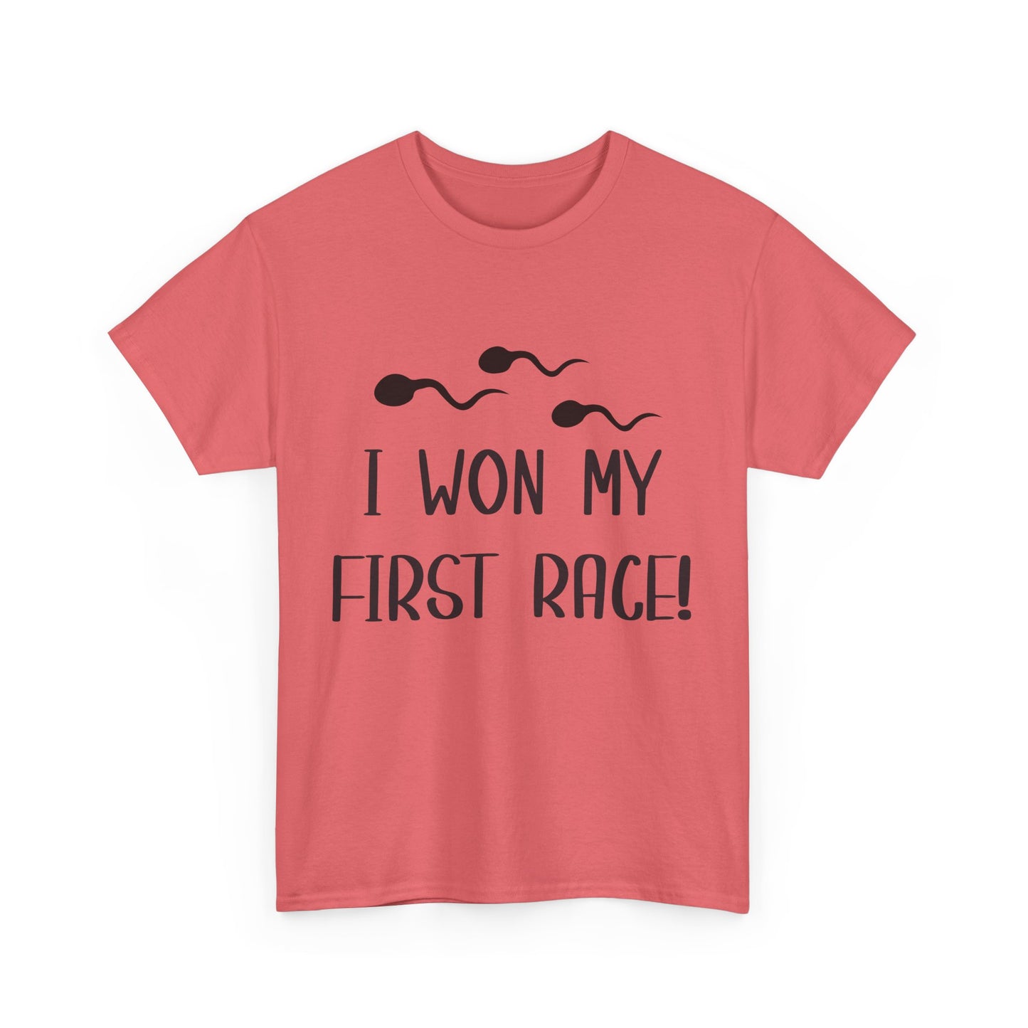 I Won My First Race! Unisex Heavy Cotton Tee - Fun Sperm Motif for New Dads and Celebrations