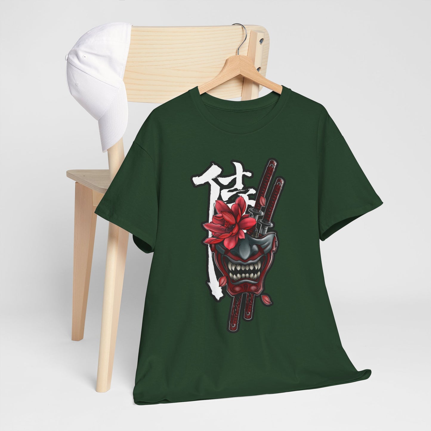 Unisex Heavy Cotton Tee - Floral Samurai Mask Design