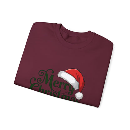 Christmas Crewneck Sweatshirt - "Merry Christmas" Santa Hat & Bells Holiday Sweater