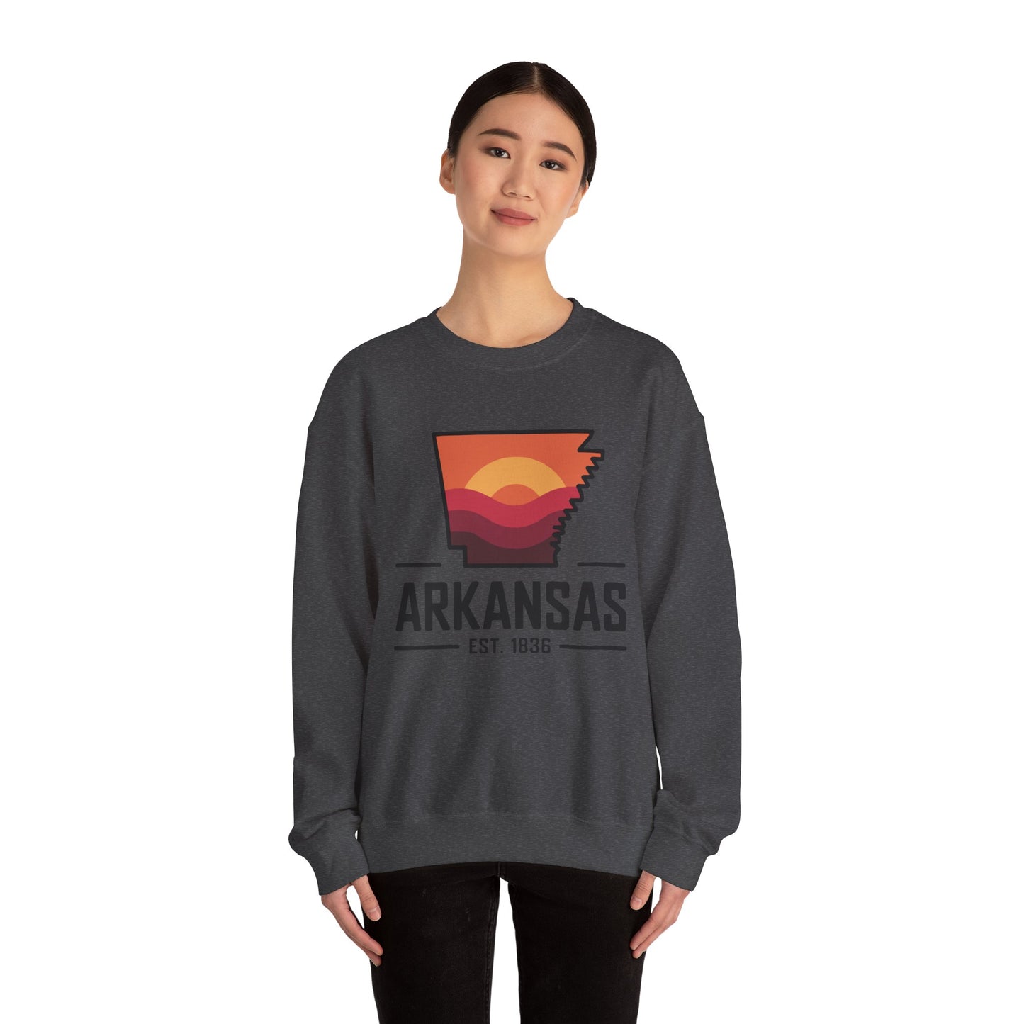 Arkansas Sunset Crewneck Sweatshirt — State Map Graphic, Est. 1836