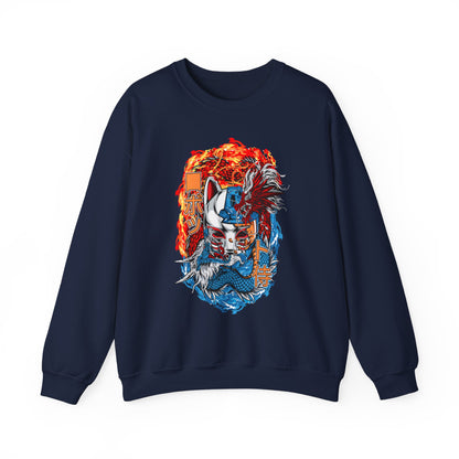 Kitsune Dragon Clash Crewneck Sweatshirt — Fiery Red & Blue Japanese Mask Design
