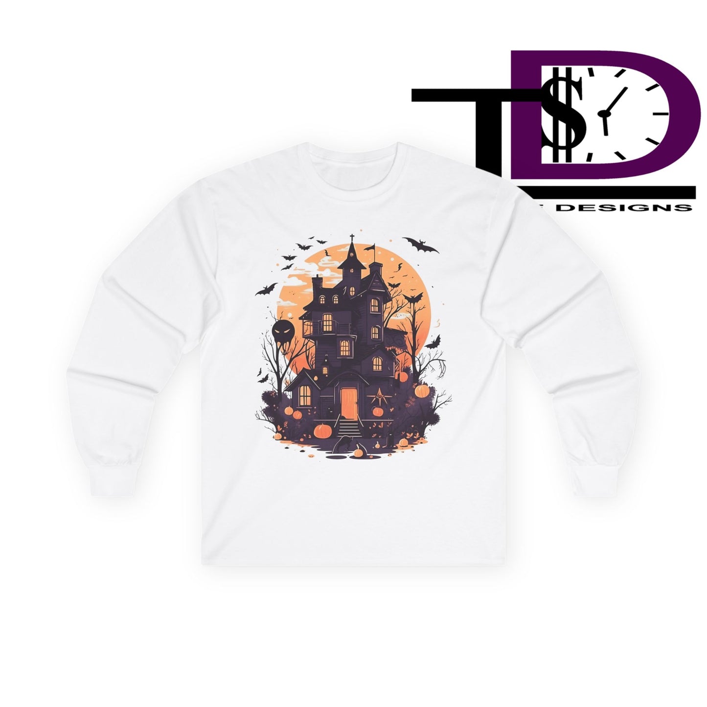 Halloween Haunted House Long Sleeve Tee - Spooky Vibes, Fall Fashion, Halloween Costume, Unisex Apparel, Gift for Ghost Lovers