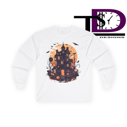 Halloween Haunted House Long Sleeve Tee - Spooky Vibes, Fall Fashion, Halloween Costume, Unisex Apparel, Gift for Ghost Lovers