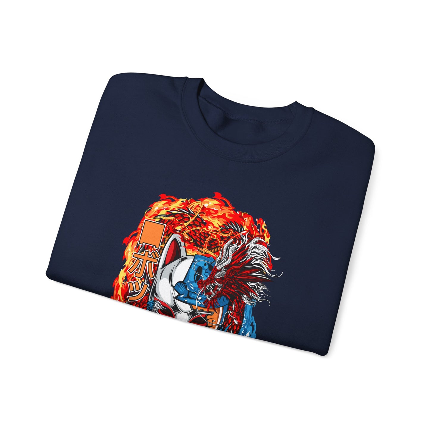 Kitsune Dragon Clash Crewneck Sweatshirt — Fiery Red & Blue Japanese Mask Design