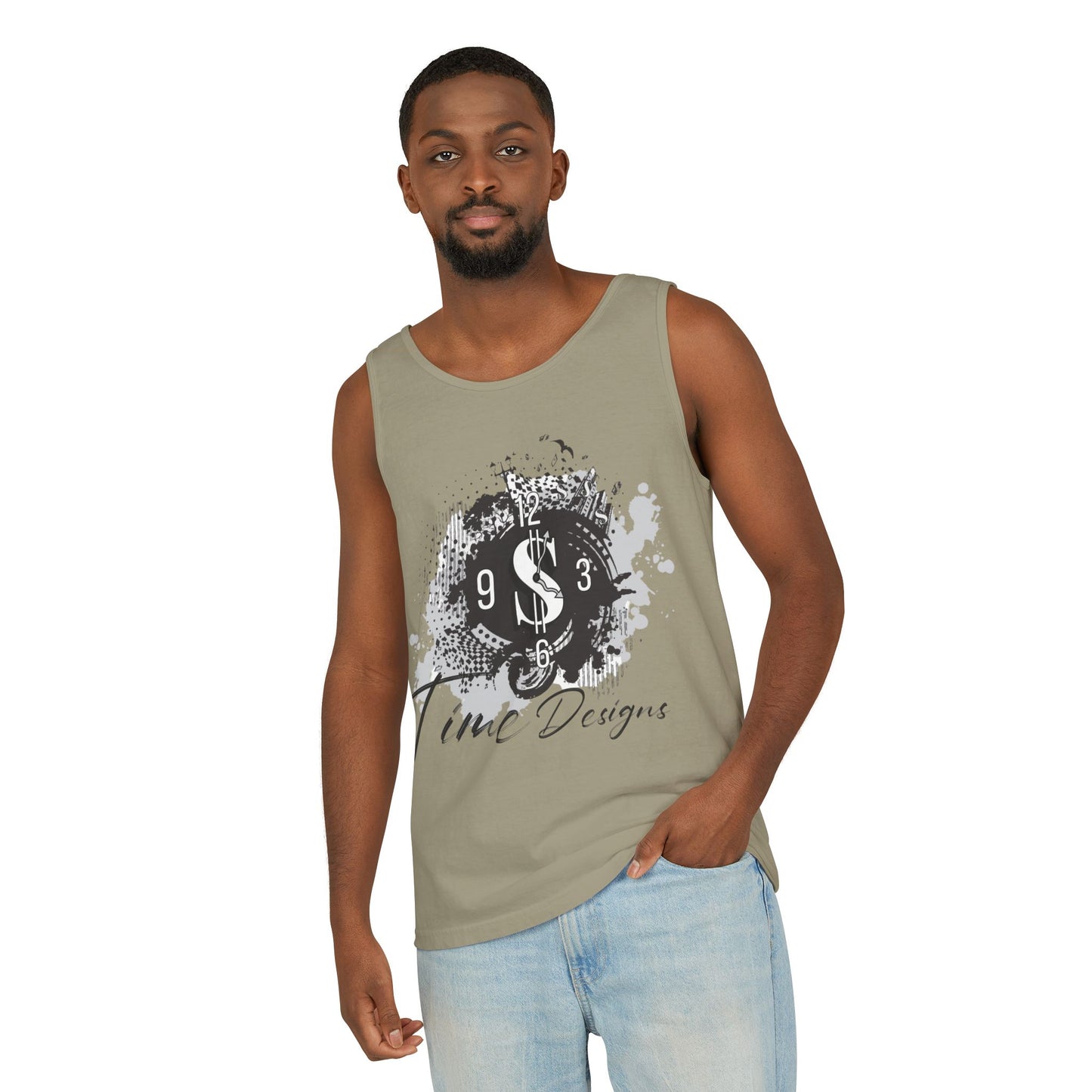 Unisex Garment-Dyed Tank Top with Time Designs - Casual Summer Wear, Beach Outfit, Gift for Friends, Vacation Essentials, Relaxed Style