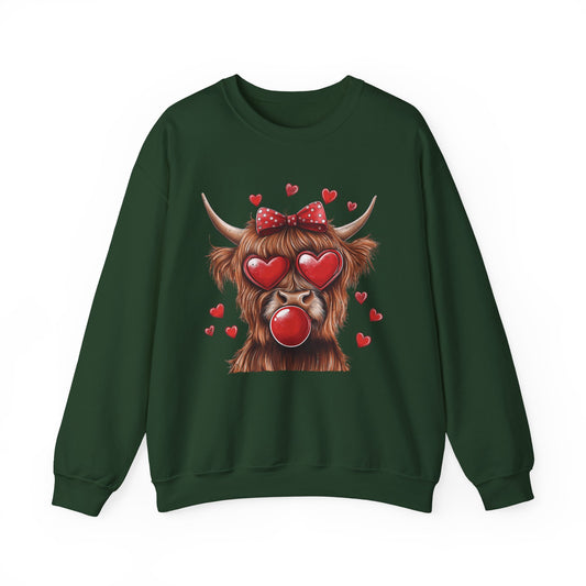 Valentine Highland Cow Crewneck Sweatshirt — Cute Heart Eyes Cow Graphic