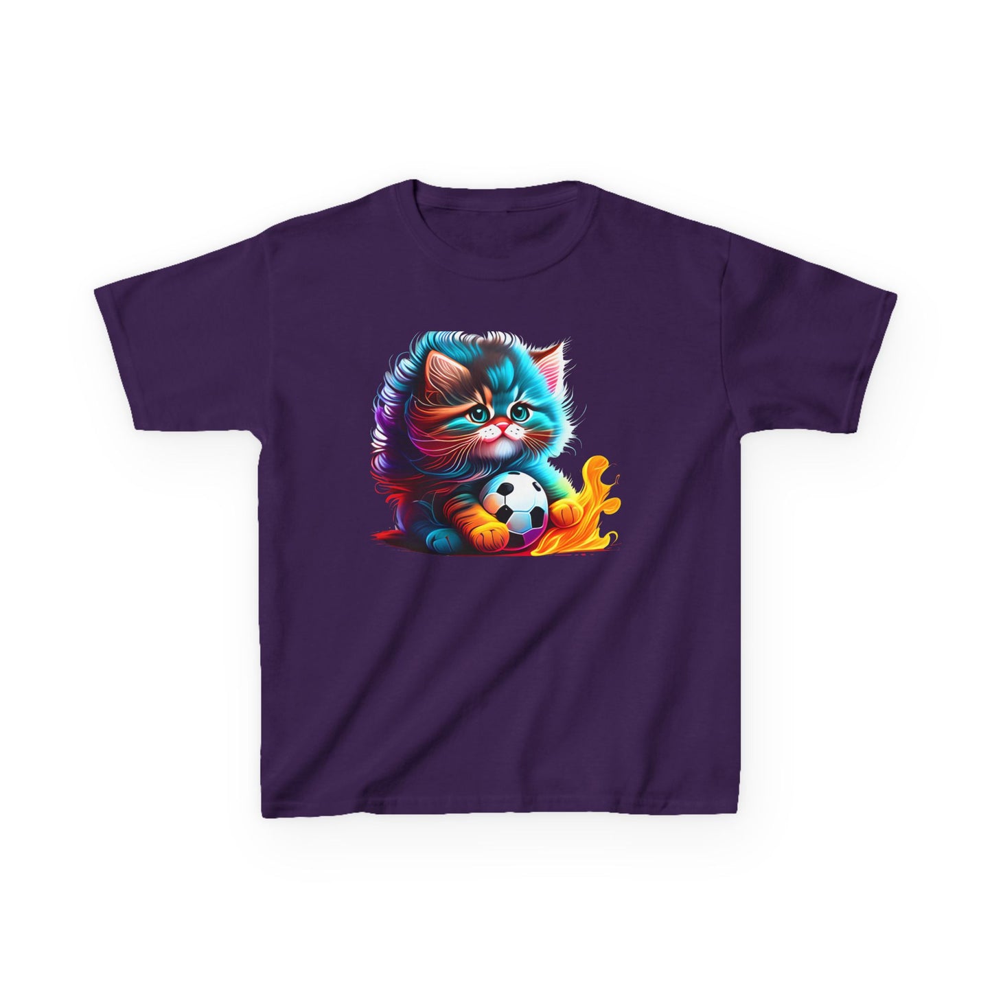 Cute Cat Soccer Kids Tee - Colorful Heavy Cotton Shirt for Young Sports Fans