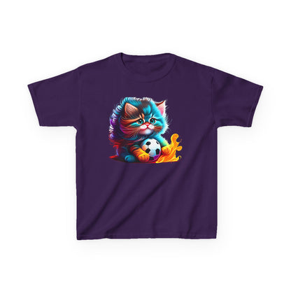 Cute Cat Soccer Kids Tee - Colorful Heavy Cotton Shirt for Young Sports Fans