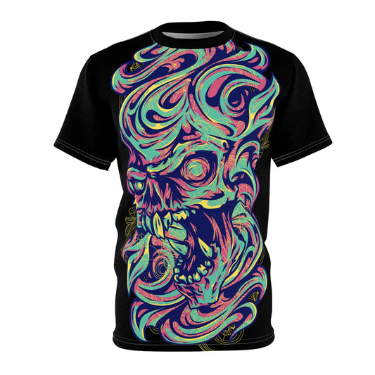 Vibrant Skull Art Unisex Tee, Unique Graphic Shirt, AOP T-Shirt for Festivals, Casual Wear, Halloween, Gift for Creatives