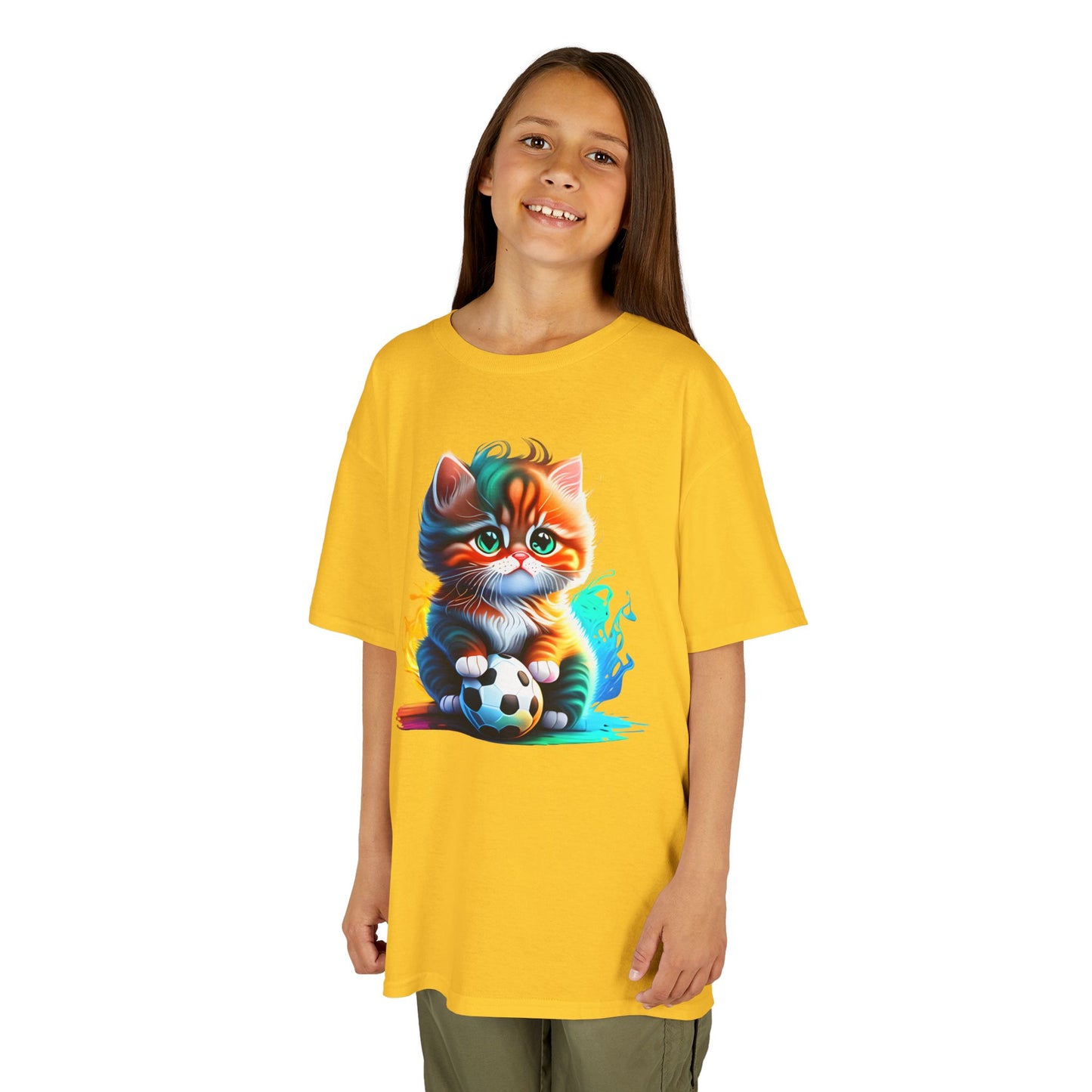 Playful Cat Soccer Kids Heavy Cotton™ Tee - Fun and Colorful T-Shirt for Young Animal Lovers