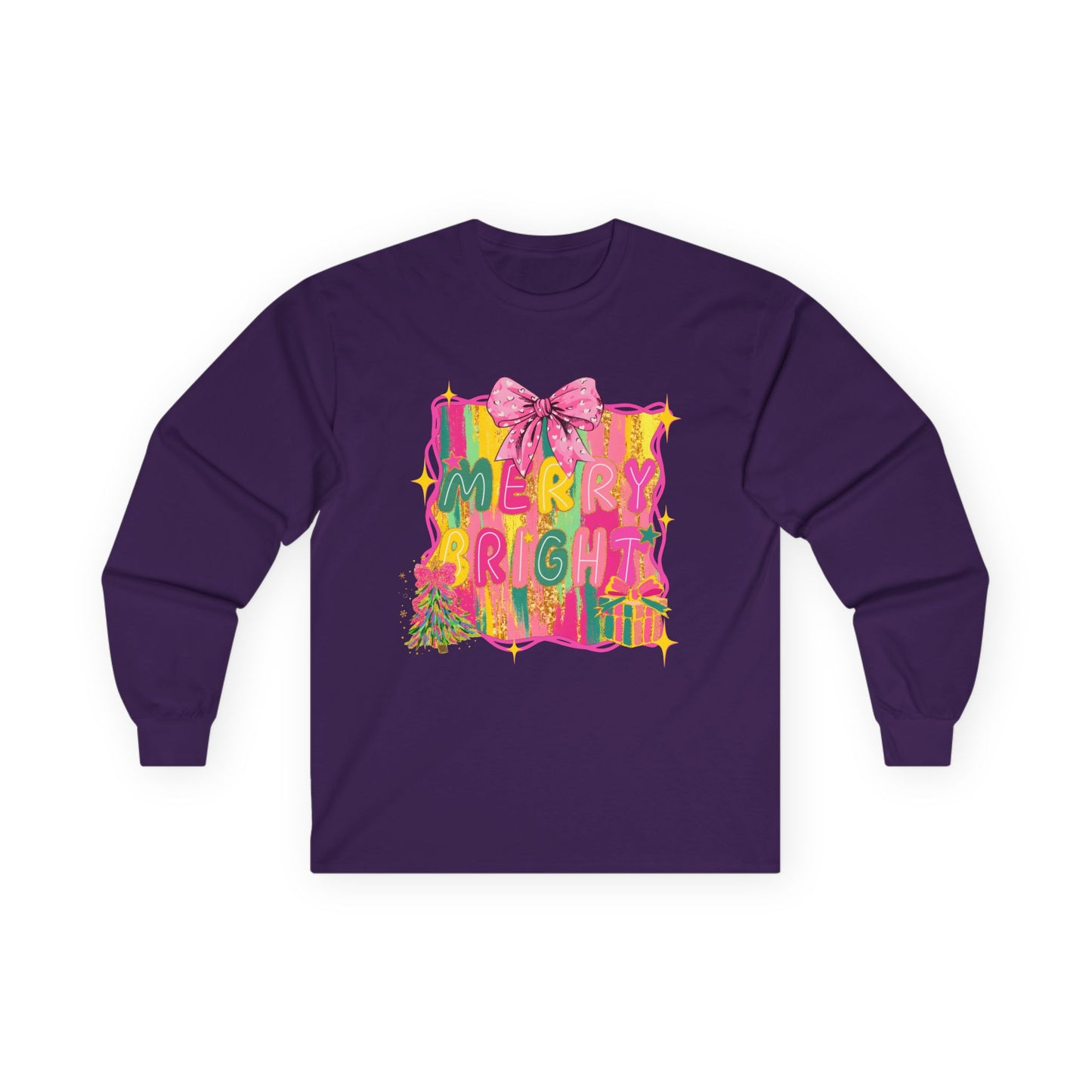 Merry Bright Long Sleeve Tee — Colorful Holiday Graphic Shirt