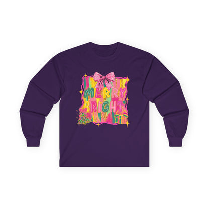 Merry Bright Long Sleeve Tee — Colorful Holiday Graphic Shirt