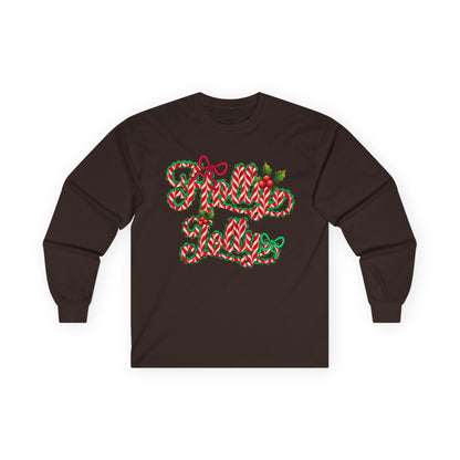 Long Sleeve Tee — "Merry Xmas" Candy Cane Script Christmas Shirt