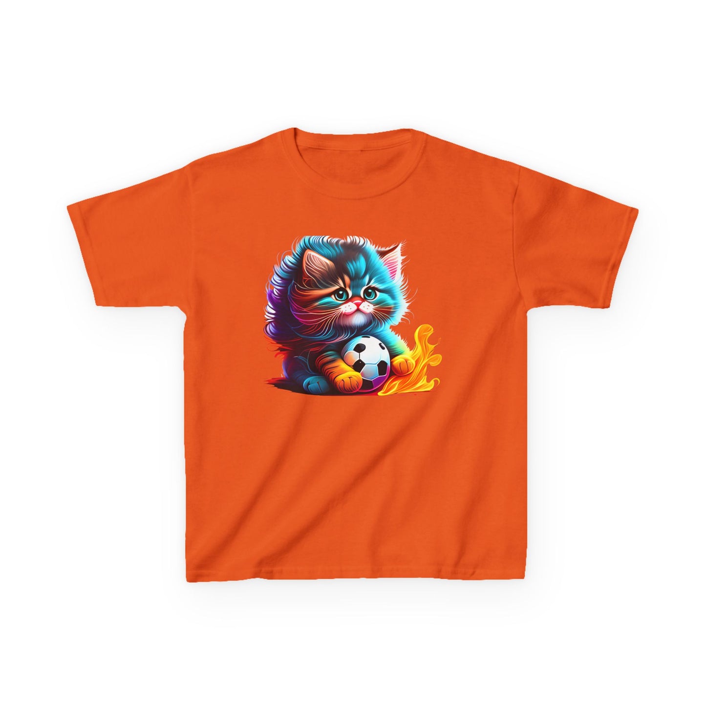Cute Cat Soccer Kids Tee - Colorful Heavy Cotton Shirt for Young Sports Fans