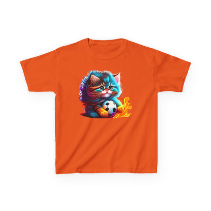 Cute Cat Soccer Kids Tee - Colorful Heavy Cotton Shirt for Young Sports Fans
