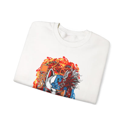 Kitsune Dragon Clash Crewneck Sweatshirt — Fiery Red & Blue Japanese Mask Design
