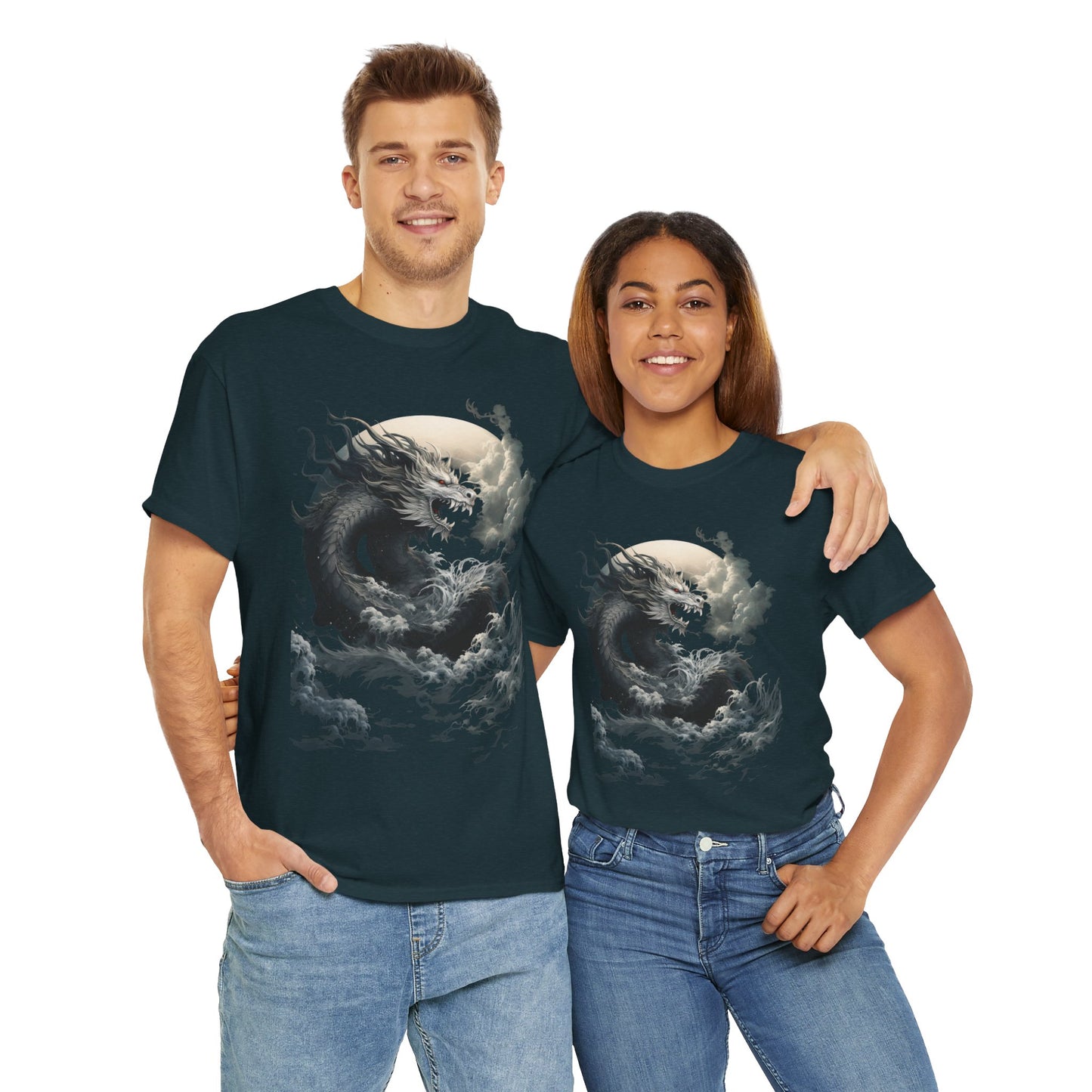Dragon Moon Unisex Heavy Cotton Tee - Mystical Night Sky Apparel