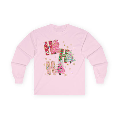 Christmas 'Ho Ho Ho' Long Sleeve Tee — Festive Pink & Green Holiday Shirt