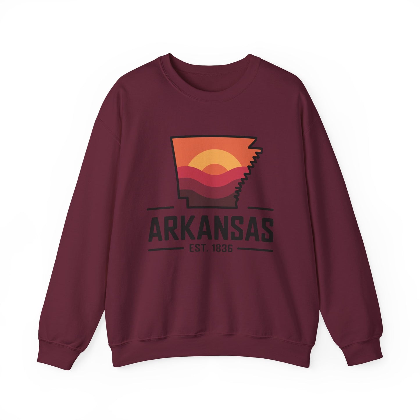 Arkansas Sunset Crewneck Sweatshirt — State Map Graphic, Est. 1836